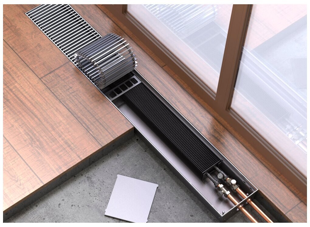 Внутрипольный конвектор КЗТО Бриз 260 х 80 х 1200 решетка цвет Алюминий с черными втулками