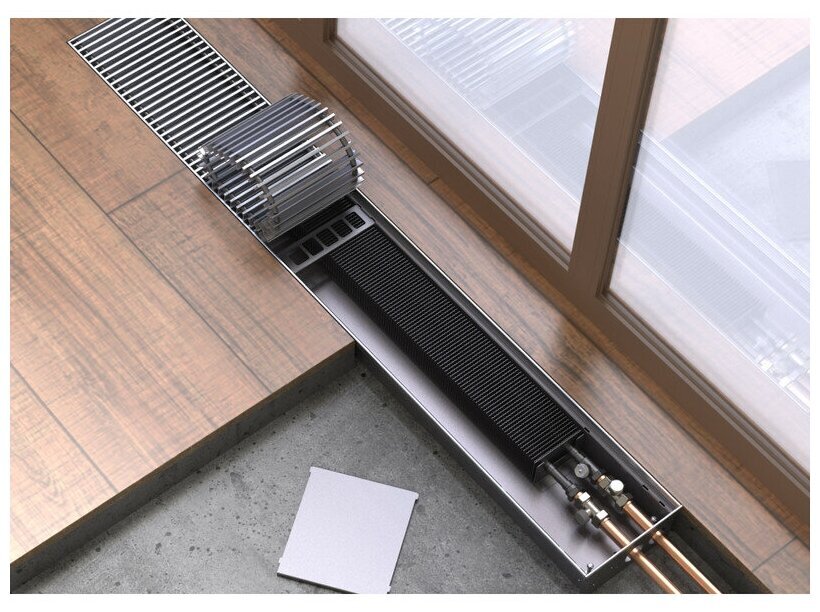 Внутрипольный конвектор КЗТО Бриз 260 х 80 х 2000 решетка цвет Алюминий с серыми втулками